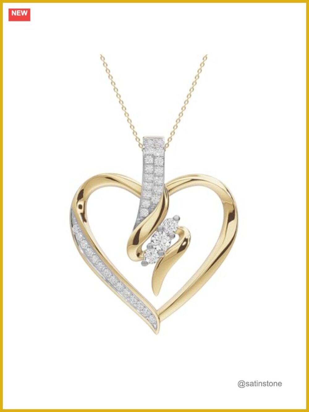 3 Stone Heart Pendant Necklace 925 Sterling Silver 14K Yellow Gold Over